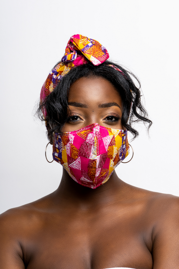 african print headwrap and mask pink