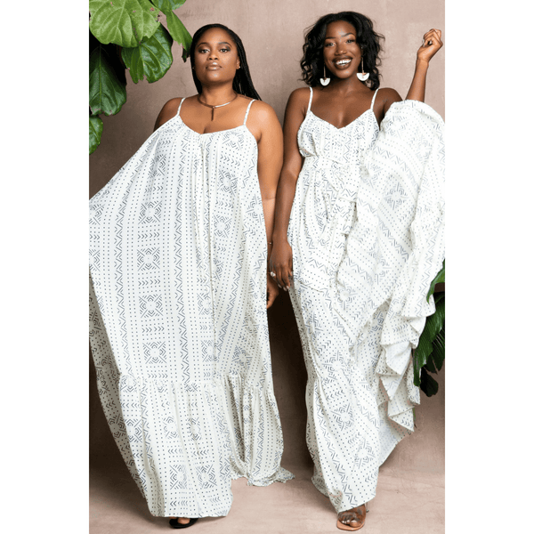 women wearing african print mudcloth white summer dress