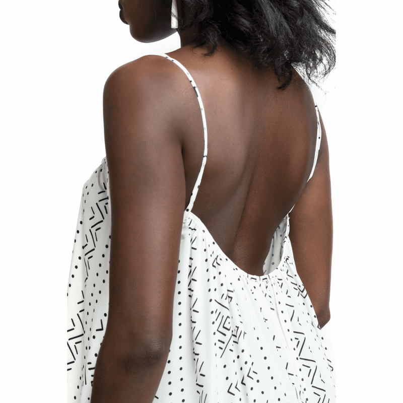 woman wearing african print mudcloth white summer dress back