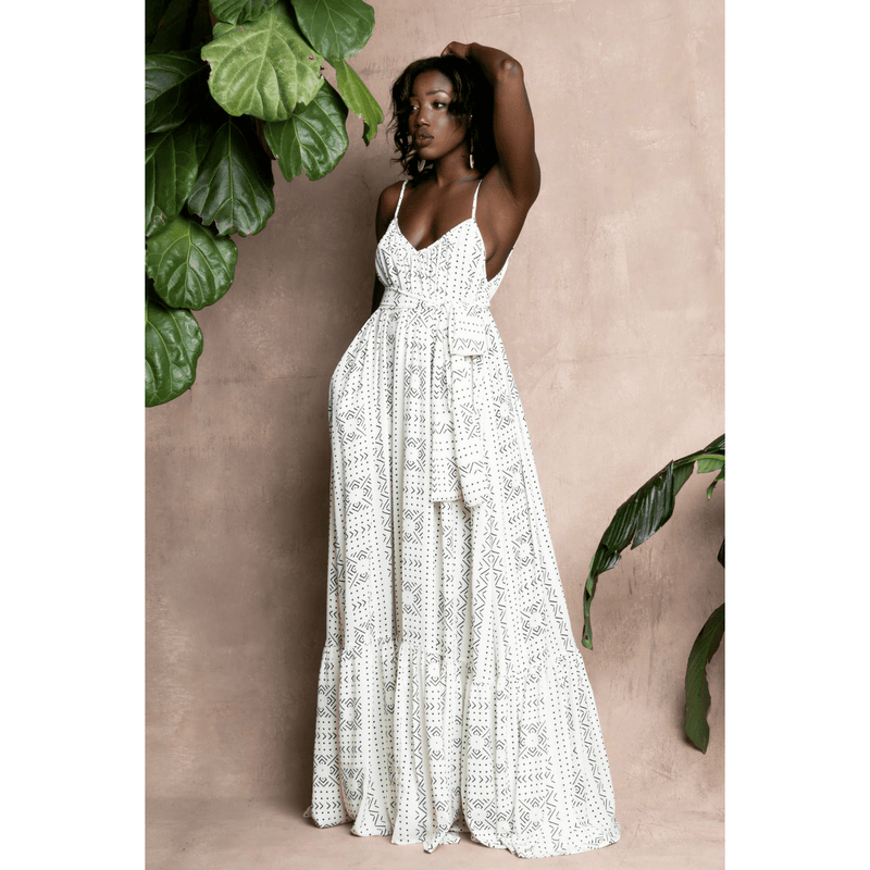 woman wearing african print mudcloth white summer dress