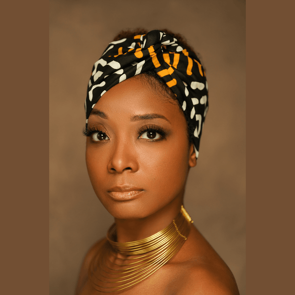 african print headwrap and mask gold black white