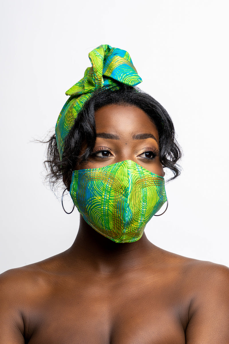 african print head wrap and mask green and blue