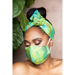 african print head wrap and mask green and blue