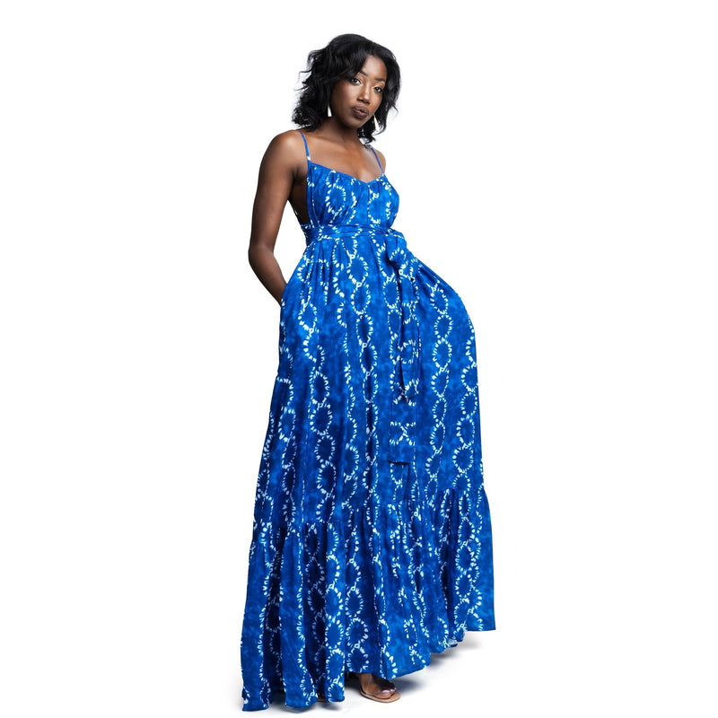 woman wearing indigo african print summer dress 