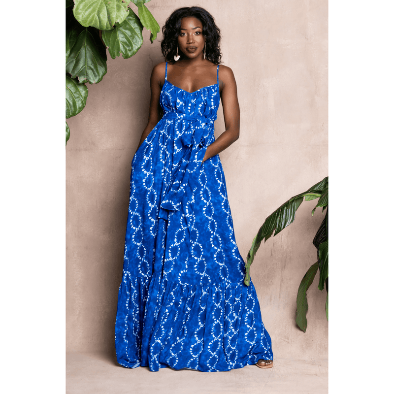 woman wearing indigo african print summer dress
