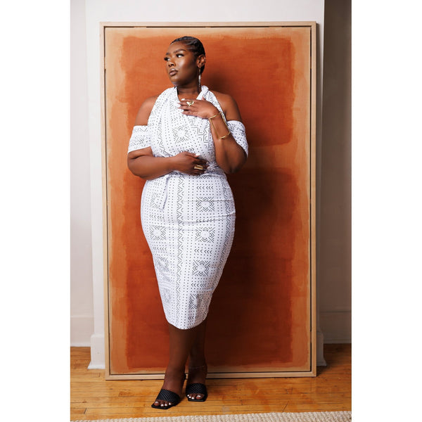 woman wearing white african print infinity dress
