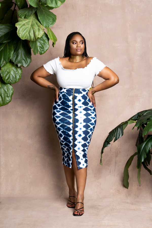 woman wearing african print pencil skirt in blue front