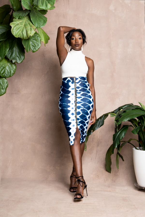 woman wearing african print pencil skirt in blue