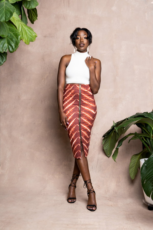 woman wearing red african print pencil skirt