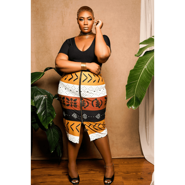 woman wearing african print pencil skirt white, black, brown 2