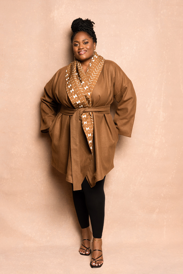 woman wearing womens coat brown mudcloth print coat